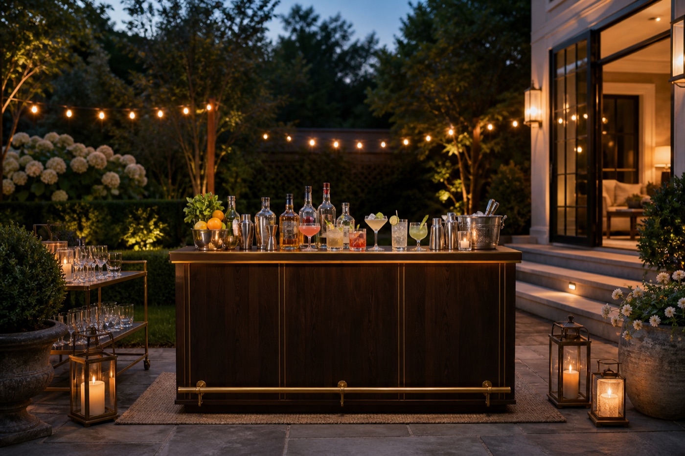 A dark wood bar set up on a garden patio at dusk, bottles and cocktails ready, string lights and lanterns glowing