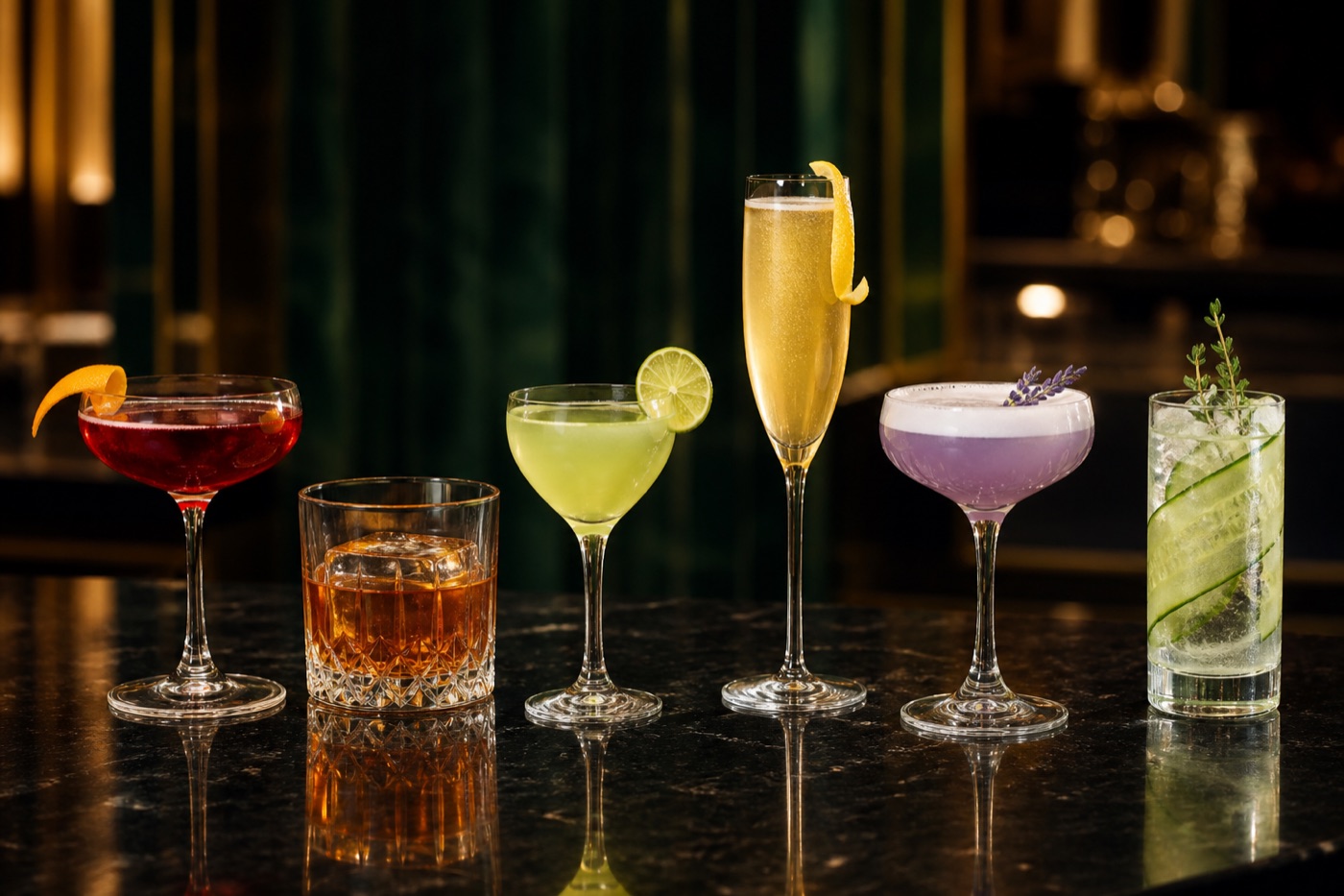 Six cocktails lined up on a dark bar: a coupe with a twist, an old fashioned, a gimlet, a champagne cocktail, a lavender sour and a cucumber highball