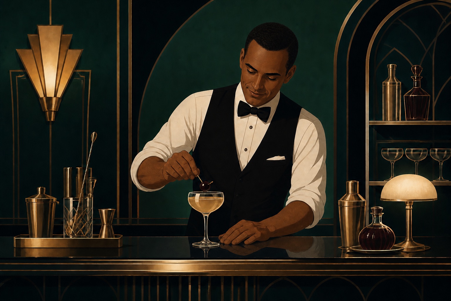 A bartender in a black waistcoat placing a cherry on a coupe cocktail at a deco bar